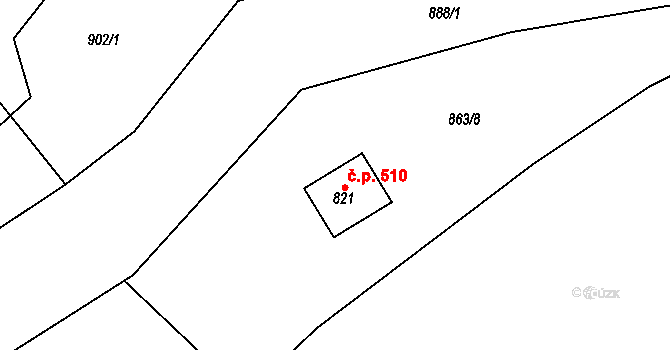 Hýskov 510 na parcele st. 821 v KÚ Hýskov, Katastrální mapa