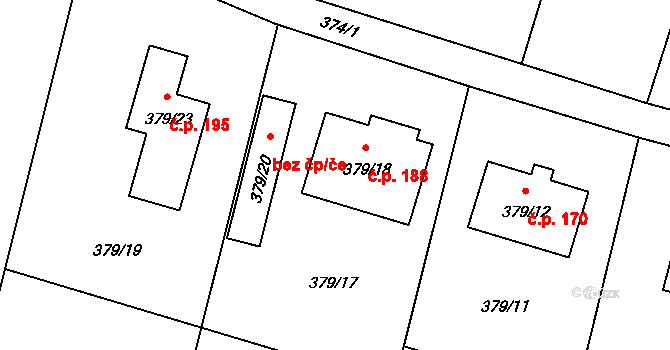 Těšetice 188 na parcele st. 379/18 v KÚ Těšetice u Znojma, Katastrální mapa