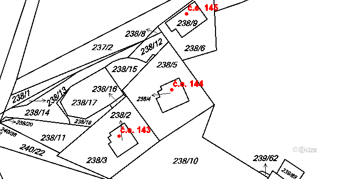 Tušimice 144, Kadaň na parcele st. 238/4 v KÚ Tušimice, Katastrální mapa