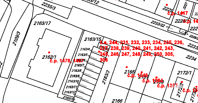 Husovice 231,232,233,234,235,, Brno na parcele st. 2163/4 v KÚ Husovice, Katastrální mapa