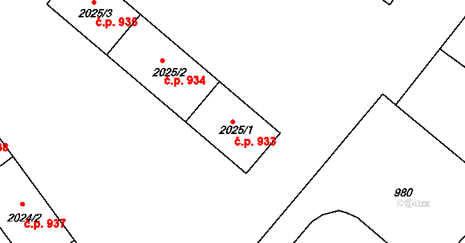 Bystřice nad Pernštejnem 933 na parcele st. 2025/1 v KÚ Bystřice nad Pernštejnem, Katastrální mapa