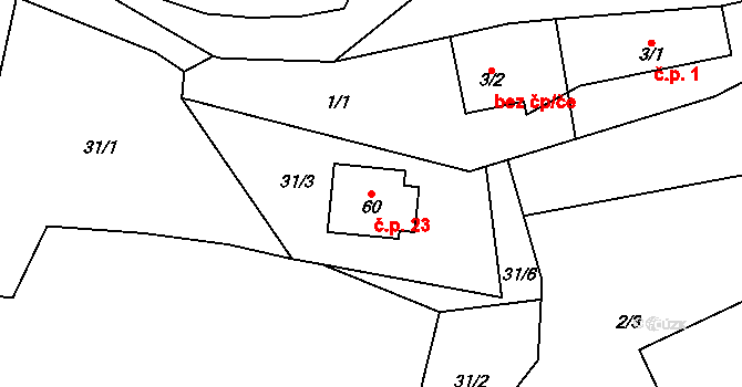 Blehov 23, Zhoř na parcele st. 60 v KÚ Blehov, Katastrální mapa
