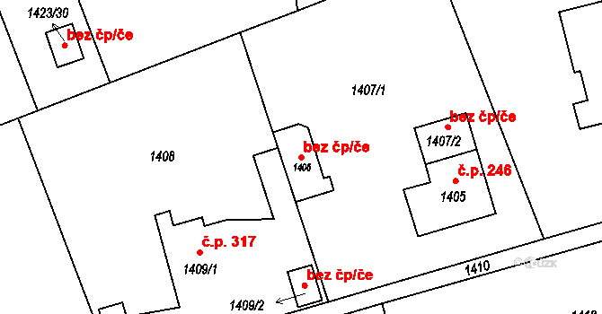 Ostrava 48598208 na parcele st. 1406 v KÚ Hrabová, Katastrální mapa