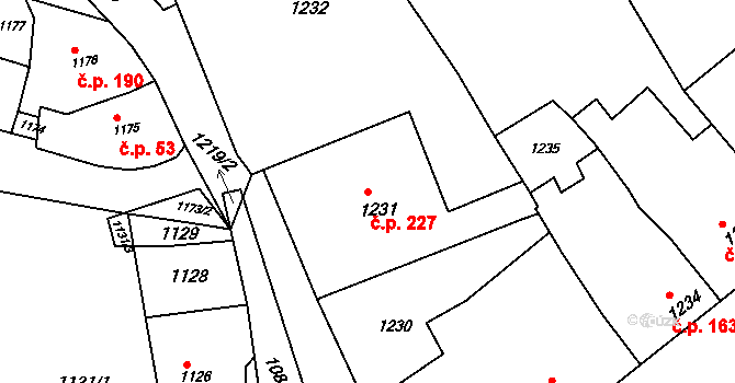 Pustiměř 227 na parcele st. 1231 v KÚ Pustiměř, Katastrální mapa