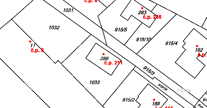 Kovanice 211 na parcele st. 286 v KÚ Kovanice, Katastrální mapa