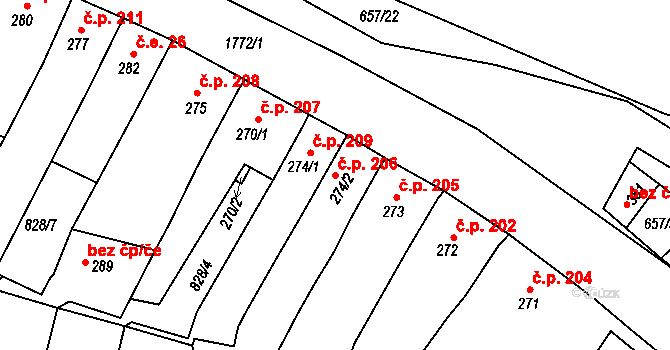 Manětín 206 na parcele st. 274/2 v KÚ Manětín, Katastrální mapa