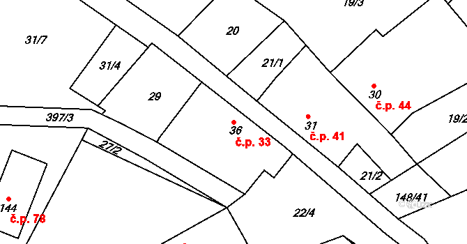 Trusnov 33 na parcele st. 36 v KÚ Trusnov, Katastrální mapa