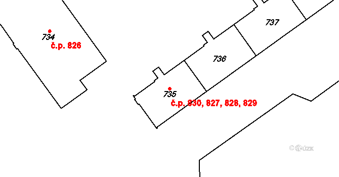 Studánka 827,828,829,830, Pardubice na parcele st. 735 v KÚ Studánka, Katastrální mapa