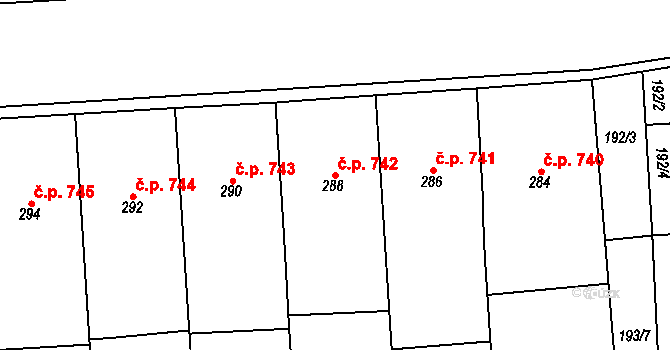 Pohořelice 742 na parcele st. 288 v KÚ Pohořelice nad Jihlavou, Katastrální mapa