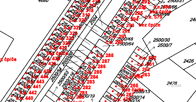 Hustopeče 288 na parcele st. 2513 v KÚ Hustopeče u Brna, Katastrální mapa