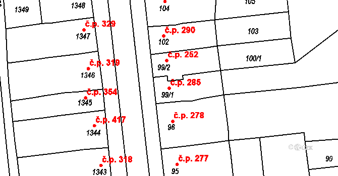 Plumlov 285 na parcele st. 99/1 v KÚ Plumlov, Katastrální mapa