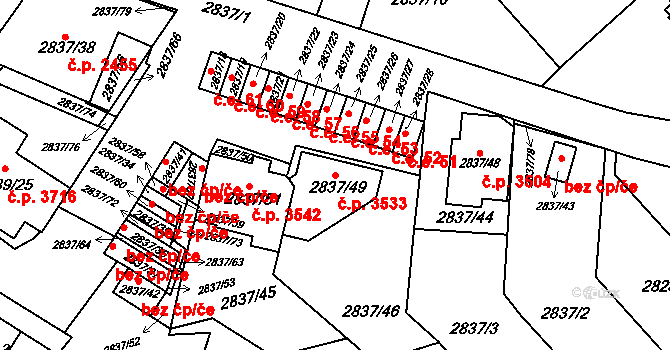 Znojmo 3533 na parcele st. 2837/49 v KÚ Znojmo-město, Katastrální mapa