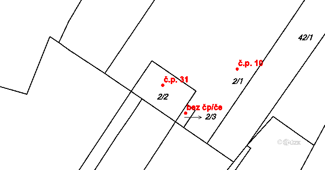 Horní Miletín 31, Lišov na parcele st. 2/2 v KÚ Horní Miletín, Katastrální mapa