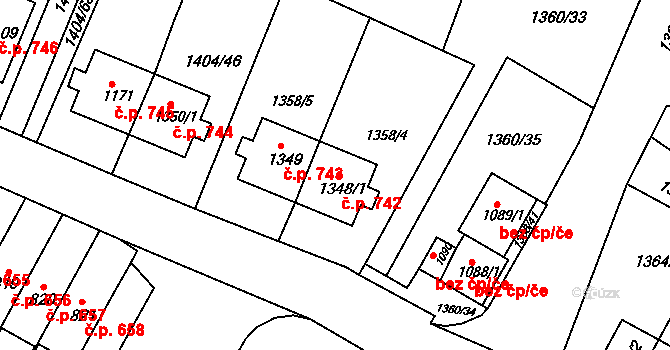 Brtnice 742 na parcele st. 1348/1 v KÚ Brtnice, Katastrální mapa