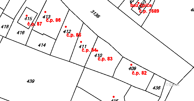 Čelákovice 83 na parcele st. 410 v KÚ Čelákovice, Katastrální mapa