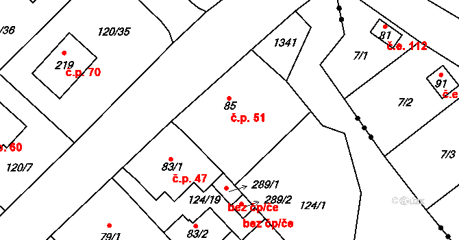 Hatín 51 na parcele st. 85 v KÚ Hatín, Katastrální mapa