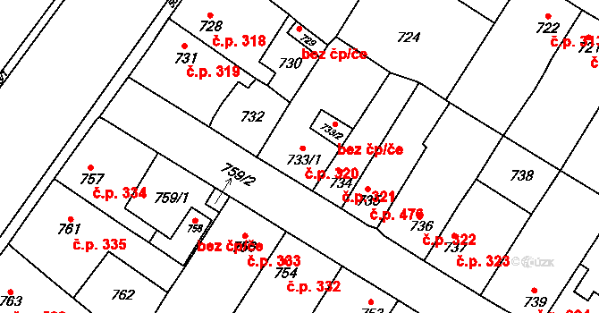Kosmonosy 320 na parcele st. 733/1 v KÚ Kosmonosy, Katastrální mapa