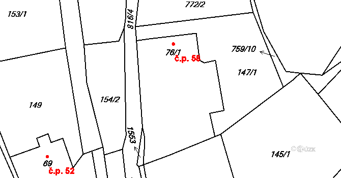 Sendražice 58 na parcele st. 76/1 v KÚ Sendražice u Smiřic, Katastrální mapa