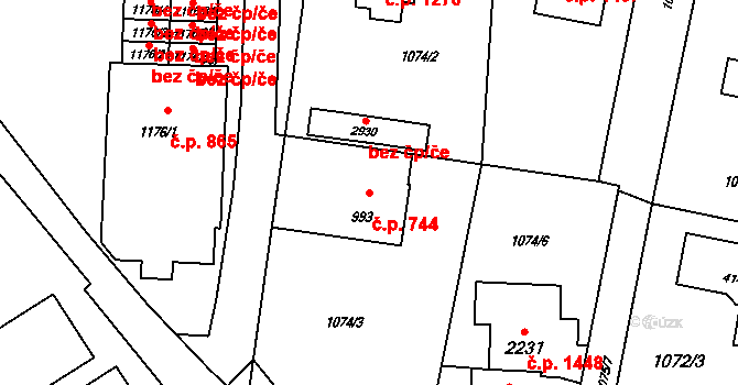 Rožnov pod Radhoštěm 744 na parcele st. 993 v KÚ Rožnov pod Radhoštěm, Katastrální mapa