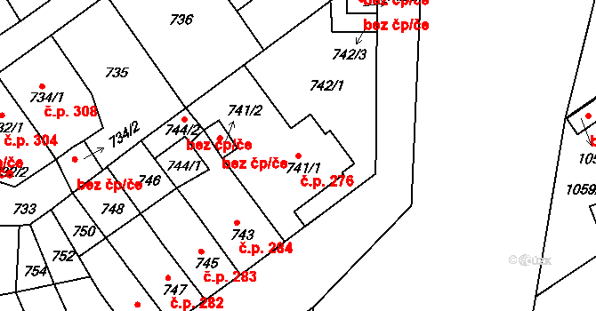 Novosedlice 276 na parcele st. 741/1 v KÚ Novosedlice, Katastrální mapa