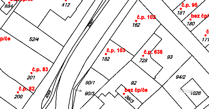 Hrotovice 103 na parcele st. 182 v KÚ Hrotovice, Katastrální mapa