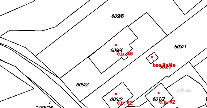 Černý Dub 46, Homole na parcele st. 609/4 v KÚ Homole, Katastrální mapa