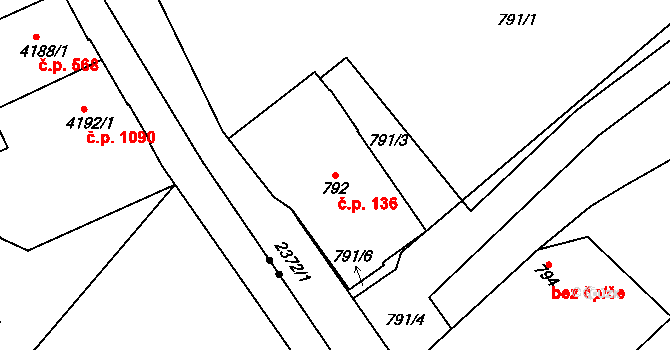 Trnovany 136, Teplice na parcele st. 792 v KÚ Teplice-Trnovany, Katastrální mapa