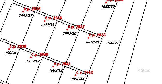 Teplice 2838 na parcele st. 1992/40 v KÚ Teplice, Katastrální mapa