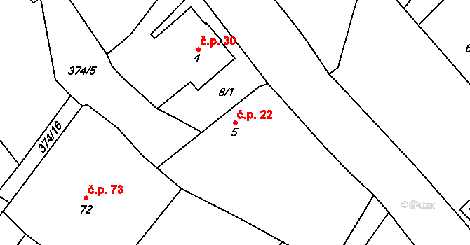 Třesovice 22 na parcele st. 5 v KÚ Třesovice, Katastrální mapa