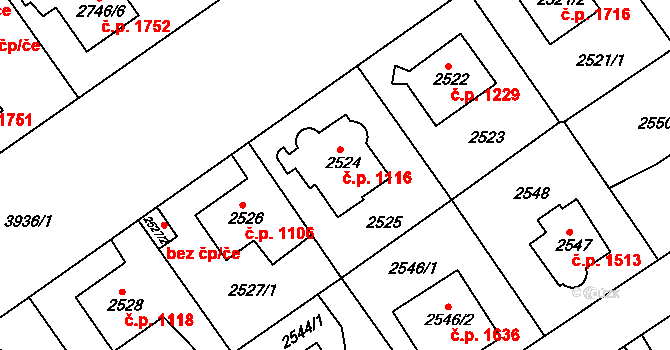 Modřany 1116, Praha na parcele st. 2524 v KÚ Modřany, Katastrální mapa
