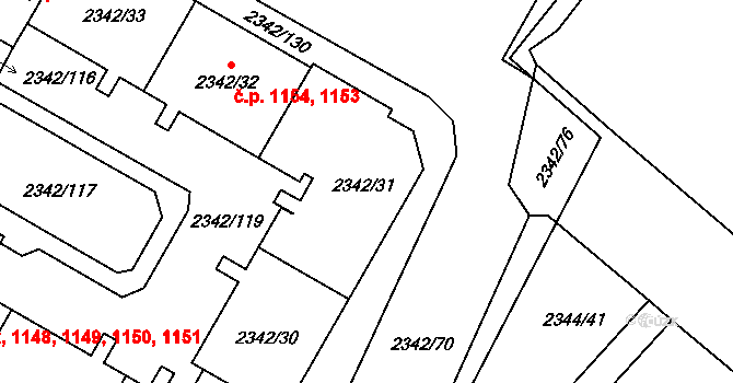Kunratice 1148,1149,1150,1151,, Praha na parcele st. 2342/31 v KÚ Kunratice, Katastrální mapa
