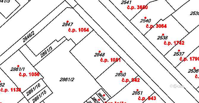 Chomutov 1051 na parcele st. 2848 v KÚ Chomutov I, Katastrální mapa