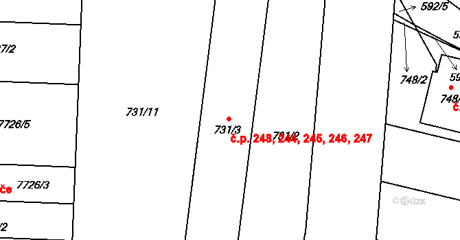 Ořechov 244,245,246,247,248 na parcele st. 731/3 v KÚ Ořechov, Katastrální mapa