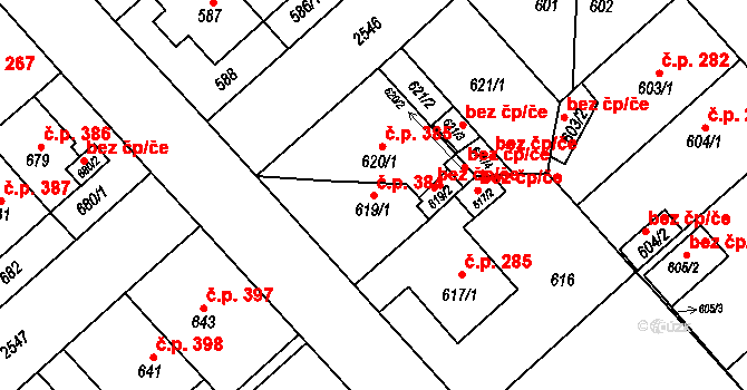 Doubravka 384, Plzeň na parcele st. 619/1 v KÚ Doubravka, Katastrální mapa