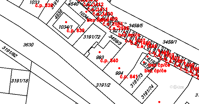 Zlín 840 na parcele st. 993 v KÚ Zlín, Katastrální mapa