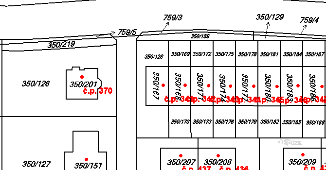 Červený Hrádek 341, Plzeň na parcele st. 350/167 v KÚ Červený Hrádek u Plzně, Katastrální mapa