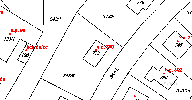 Jamné nad Orlicí 309 na parcele st. 773 v KÚ Jamné nad Orlicí, Katastrální mapa