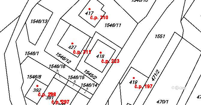 Ryžoviště 223 na parcele st. 418 v KÚ Ryžoviště, Katastrální mapa