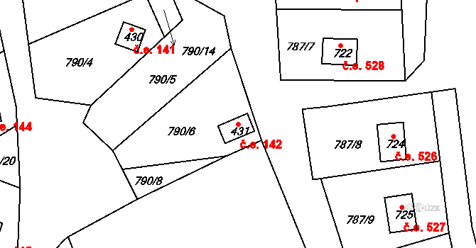Podhrad 142, Cheb na parcele st. 431 v KÚ Podhrad, Katastrální mapa