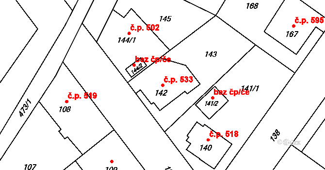 Svinov 533, Ostrava na parcele st. 142 v KÚ Svinov, Katastrální mapa