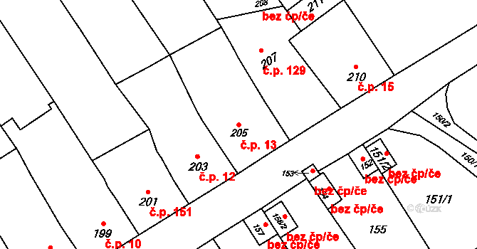 Zelená Hora 13 na parcele st. 205 v KÚ Zelená Hora na Moravě, Katastrální mapa