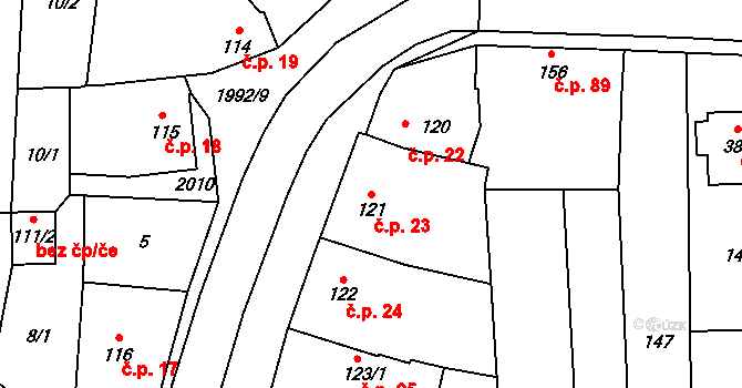 Louky 23, Zlín na parcele st. 121 v KÚ Louky nad Dřevnicí, Katastrální mapa