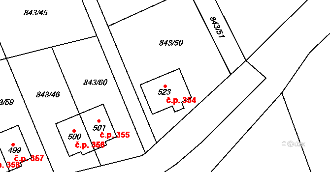 Cerhovice 354 na parcele st. 523 v KÚ Cerhovice, Katastrální mapa