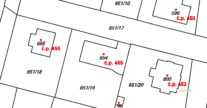 Králíky 455 na parcele st. 654 v KÚ Králíky, Katastrální mapa