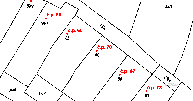 Borkovice 70 na parcele st. 69 v KÚ Borkovice, Katastrální mapa