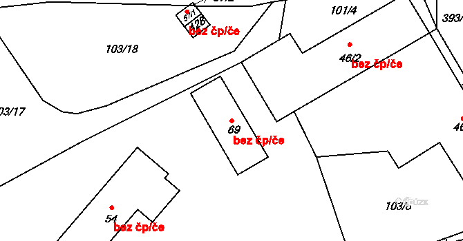 Chvalnov-Lísky 77854209 na parcele st. 69 v KÚ Lísky, Katastrální mapa