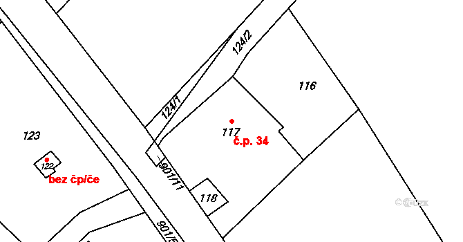 Žárová 34, Velké Losiny na parcele st. 117 v KÚ Žárová, Katastrální mapa