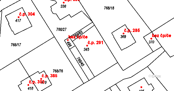Merklín 291 na parcele st. 345 v KÚ Merklín u Přeštic, Katastrální mapa