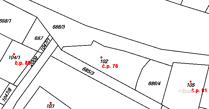Mírovka 76, Havlíčkův Brod na parcele st. 102 v KÚ Mírovka, Katastrální mapa