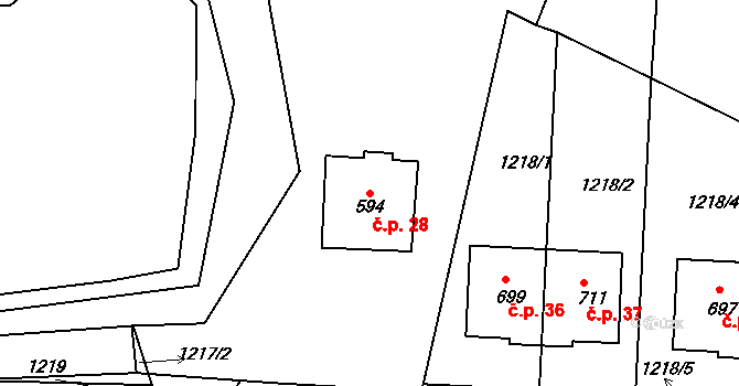Josefodol 28, Světlá nad Sázavou na parcele st. 594 v KÚ Horní Bohušice, Katastrální mapa